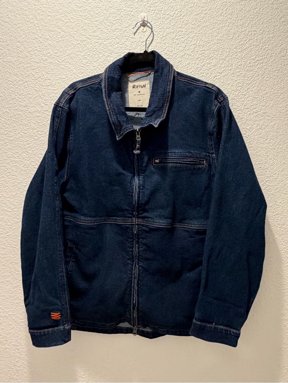 RIPTON unisex Navy Blue Denim Zip Jacket - sacred heart patch